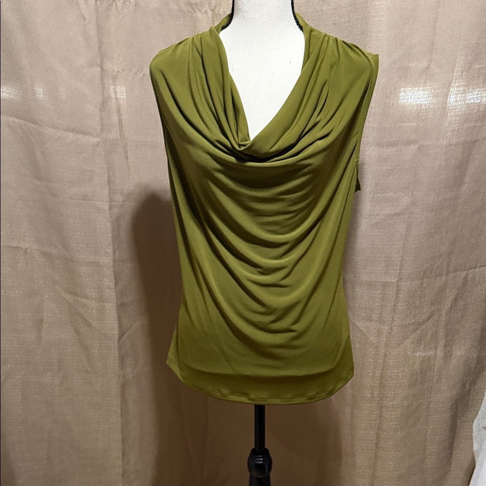 Tahari Olive Green Draped Cowl Neck Short Sleeve Top Sz L